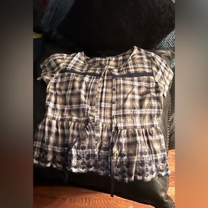 Super Cute Plaid embroidered blouse with drawstring to cinch in the waist
